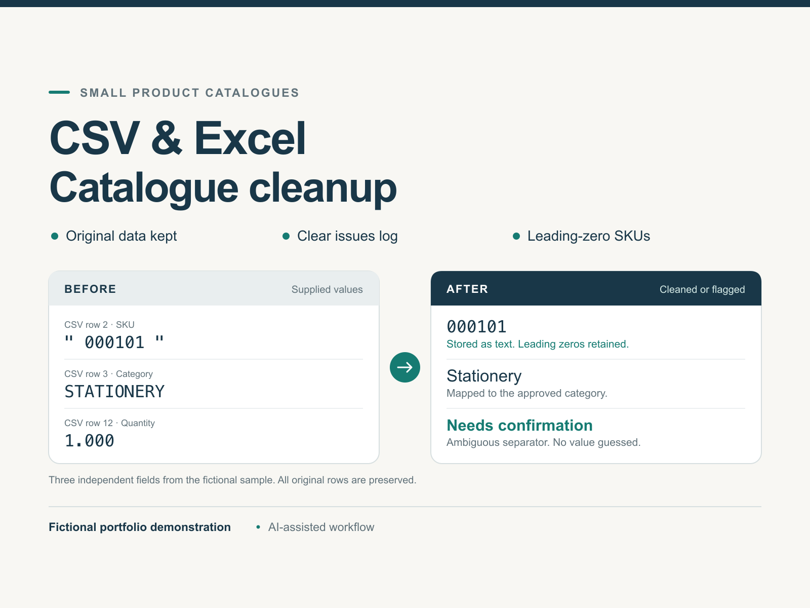 Before and after catalogue fields: a leading-zero SKU retained, category standardized, and ambiguous quantity flagged.
