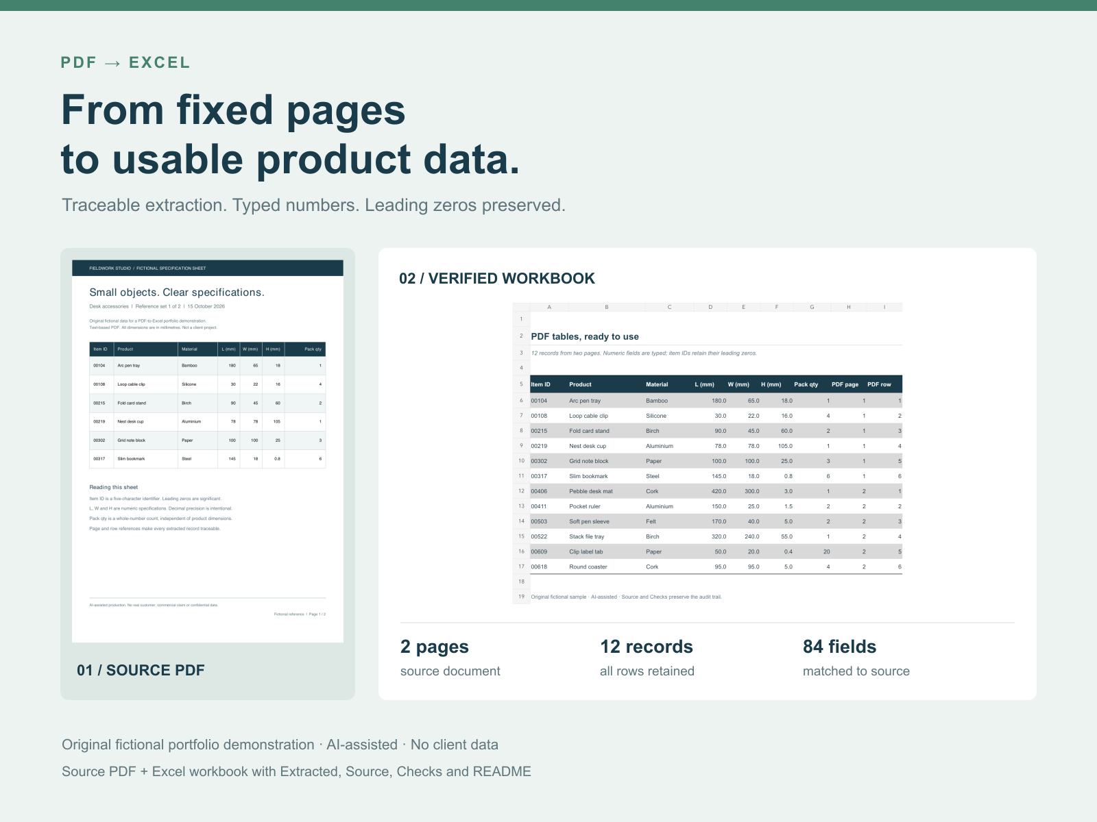 A fictional two-page product specification PDF beside an extracted Excel table with source page and row references.